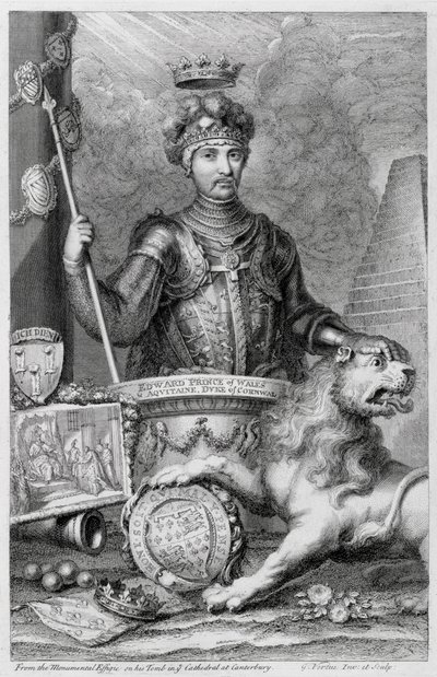 Edward De Zwarte Prins (1330-76) naar het monumentale beeld in de Canterbury Kathedraal, gegraveerd door de kunstenaar door George Vertue
